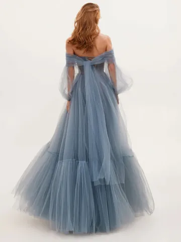Women Off Shoulder Mesh Long Sleeve Wedding Dress Elegant Big Swing Ball Gown Corset Back Formal Party Maxi Dress Polyester