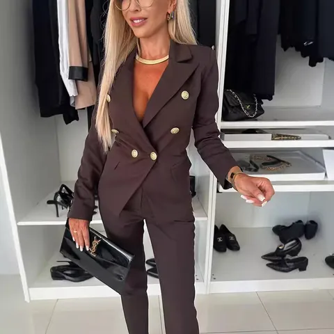Women's Professional Blazer Suit Set Double-Breasted Gold Buttons Office Trousers Top And Bottom Elegant Business Outfit