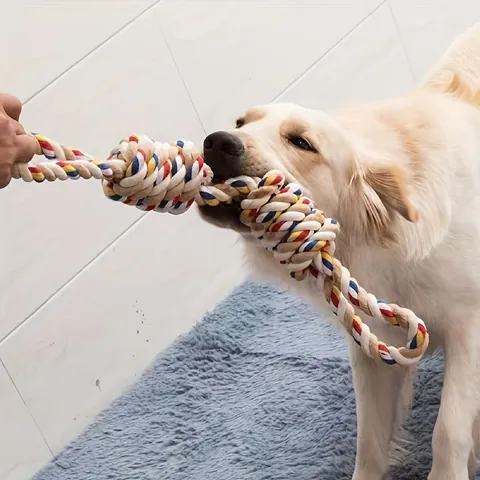 Durable Multicolor Cotton Rope Dog Toy For Medium Large Dogs Knotted Braided Chew Toy Dental Cleaning Interactive Tug Of War Toy