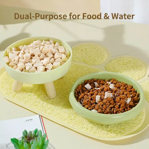 Elevated Pet Bowl Neck Protection Slanted Donut Design Cute Animal Cat Food Water Dish Durable Plastic Stainless Steel Supplies