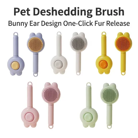 Rabbit Ear Pet Deshedding Brush Self Cleaning Stainless Steel Needle Grooming Comb Massage Tool For Cats Dogs ABS Resin