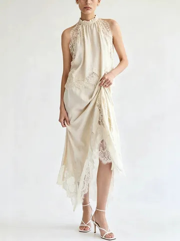 Women Top And Bottom Lace Splicing Hollow Out Sleeveless Round Neck Split Midi Skirt Elegant Patchwork Summer Clothes