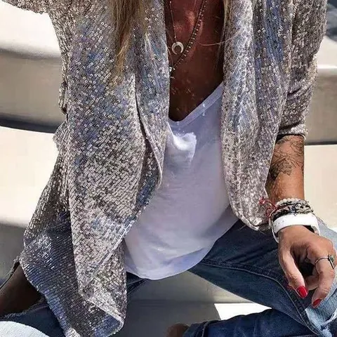 Damen Pailletten Blazer Langarm Glitzer Anzugjacke Reverskragen Casual Party Abend Outwear Vorne Offener Mantel Herbst Winter Mode
