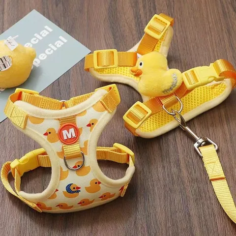 Adjustable Cat Dog Harness Leash Set Cute Cartoon Duck Elephant Vest Style Breathable Mesh Pet Walking Lead Pink Blue Slicker Grooming Brush