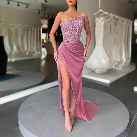 Damen Ein Schulter Pailletten Abendkleid Satin Hohen Schlitz Ärmellos Lange Prom Kleid Für Hochzeit Party Elegant Kleid