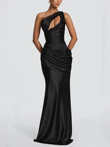 Women's Satin One Shoulder Mermaid Dress Elegant Cut-out Pleated Waist Back Lace-up Long Evening Party Formal Gown