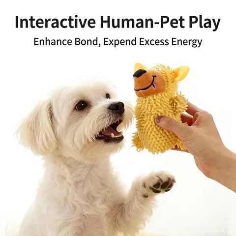 Cute Squeaky Plush Dog Toy Mop Fabric Texture For Teeth Cleaning Interactive Soft Cartoon Dog Shape Pet Chew Toy Relief