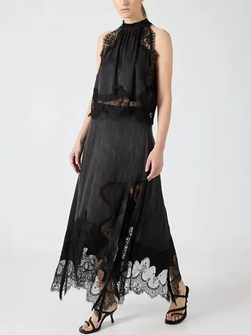 Women Top And Bottom Lace Splicing Hollow Out Sleeveless Round Neck Split Midi Skirt Elegant Patchwork Summer Clothes
