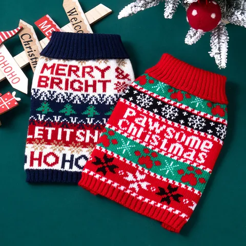 Maglione Natalizio per Cani Vestiti Caldi in Maglia per Cuccioli Pawsome Christmas Stampa Lettere Fiocchi di Neve Abbigliamento per Animali