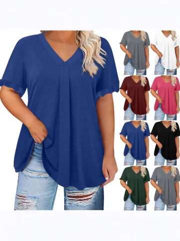 Women Casual V Neck T-Shirt Flutter Ruffle Sleeve Plus Size Solid Color Loose Top Comfortable Polyester Tee Daily Wear