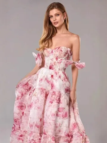 Women Elegant Off Shoulder Organza Evening Dress Floral Print Butterfly Sleeve Tiered Long Fairy Party Gown Dress