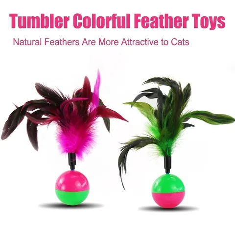 Interactive Cat Tumbler Toy With Natural Colorful Feathers Built-in Sounding Bell Self-Hi Boredom Relief Kitten Teaser Wand