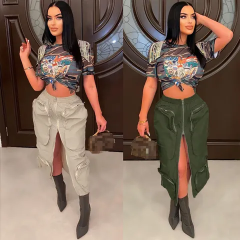 Western Style Women Cargo Midi Skirt High Waist Multi-Pocket Zipper Slit Bodycon Commuter Skirt Solid Color Polyester Bottom