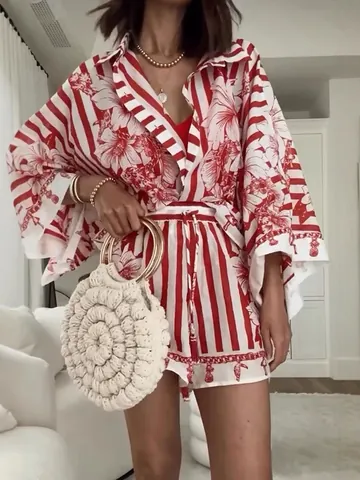 Mujeres Top And Bottom Estampado Floral Tropical Manga Murciélago Camisa Pantalones Cortos Conjunto Casual Vacaciones Pijama Cintura Alta Top And Bottom