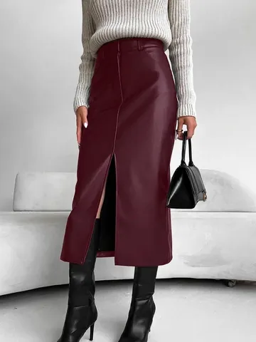 Damen Midi-Rock Aus Mattem PU-Leder Hohe Taille Fleecegefüttert Gerader Rock Mit Schlitz Eleganter Enger Büro-Rock Für Herbst Winter