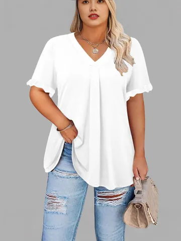 Women Casual V Neck T-Shirt Flutter Ruffle Sleeve Plus Size Solid Color Loose Top Comfortable Polyester Tee Daily Wear