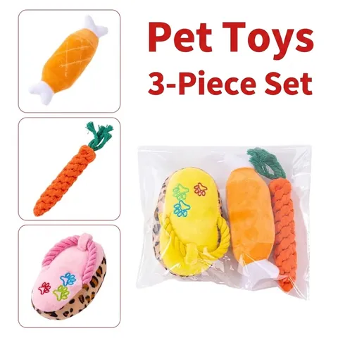 3Pcs Dog Plush Toys Set Durable Cotton Rope Chew Toys For Small Medium Dogs Squeaky Chicken Leg Carrot Slipper Teething Toys