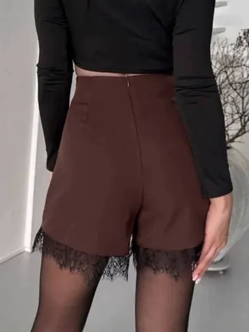 Damen High Waist Spitze Patchwork Hosenrock Elegant Wickel Asymmetrisch Weites Bein Shorts Casual Pendler Unterteile