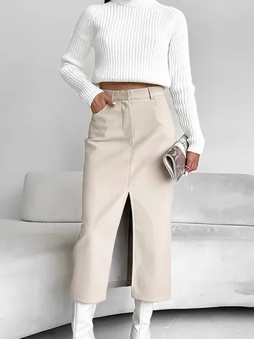 Damen Midi-Rock Aus Mattem PU-Leder Hohe Taille Fleecegefüttert Gerader Rock Mit Schlitz Eleganter Enger Büro-Rock Für Herbst Winter
