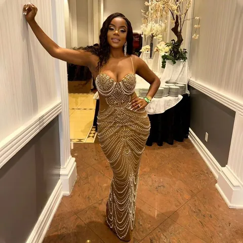 Sexy Backless Bodycon Maxi Evening Dress Hot-fix Rhinestone Faux Pearl Cami Long Dress Elegant Party Gown For Lady