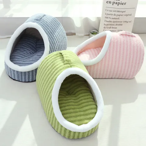 Soft Thickened Striped Pet Bed For Cats Small Dogs Semi-enclosed Warm Winter Cave Nest With Handle Macaron House
