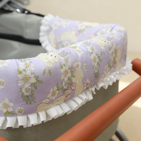 Lavender Purple Floral Rabbit Pet Stroller Liner Set Magnetic Protective Rim Pad With U-Shaped Pillow Scratch-Resistant Warm Padding 3PCS