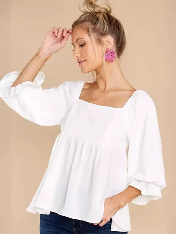 Women Square Neck Puff Half Sleeve Blouse Polyester Smocked Back Peplum Solid Color Top Ruffle Cuff Casual Shirt For Spring