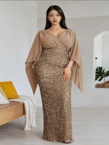 Women Elegant Deep V Neck Sequin Chiffon Patchwork Evening Gown Cape Sleeve High Waist Maxi Dress Banquet Party Formal Dress
