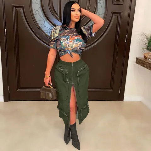 Western Style Women Cargo Midi Skirt High Waist Multi-Pocket Zipper Slit Bodycon Commuter Skirt Solid Color Polyester Bottom