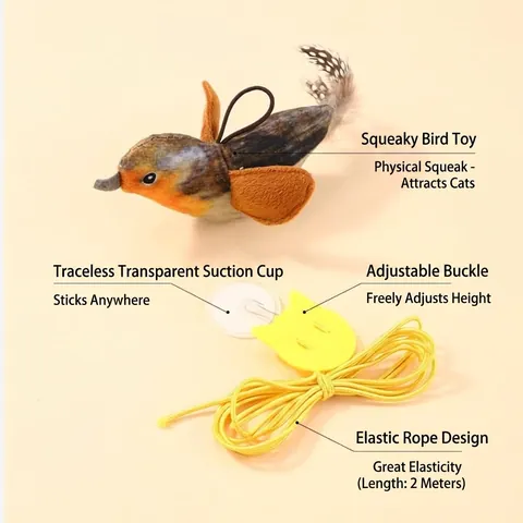 Simulation Bird Door Hanging Cat Toy With Artificial Feather Elastic Cord Suction Cup Lifelike Sounding Plush Kitten Teaser Self-Play Interactive Toy