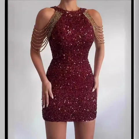 Women Halter Sequin Bodycon Mini Dress With Rhinestone Crystal Chain Tassel Sexy Sleeveless Party Nightclub Dress