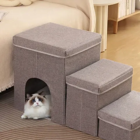 Faltbare Pet Treppe mit Aufbewahrungsbox und Höhle Leinenimitat Mehrstufige Hundetreppe für Kleine Hunde Indoor Möbel