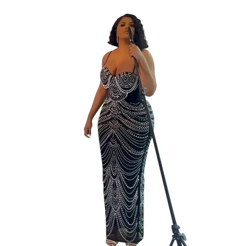 Sexy Backless Bodycon Maxi Evening Dress Hot-fix Rhinestone Faux Pearl Cami Long Dress Elegant Party Gown For Lady