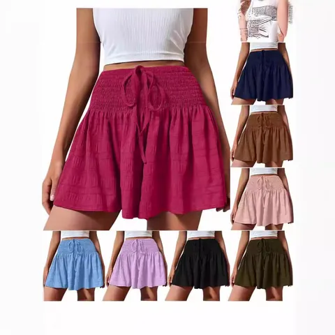 Women Summer Casual High Waisted Smocked Shorts Solid Color Loose Drawstring Flowy Shorts Polyester Athletic Sports Shorts