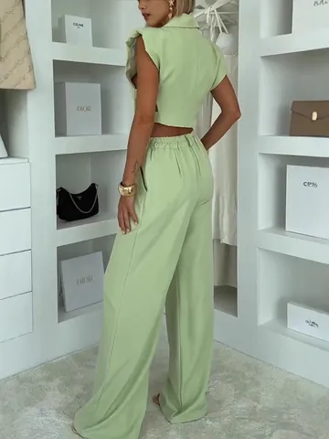 Women's Fashion Sleeveless Vest and Wide Leg Pants Top And Bottom Polyester Spandex Cutout Waist Notched Lapel Urban Suit