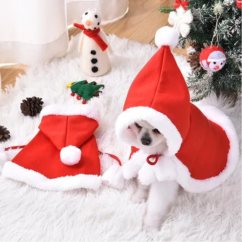 Christmas Pet Cloak Red Riding Hood Style Dog Cat Warm Hooded Cape Costume With White Plush Trim For Small Dogs Cats Holiday Outfit