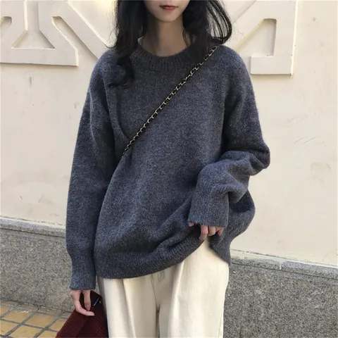 Damen Retro Einfarbig Rundhalsausschnitt Pullover Herbst Winter Locker Koreanischer Stil Gestricktes Langarm Top