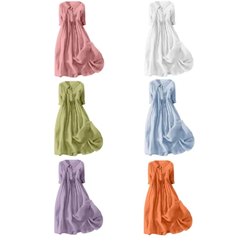 Women Casual Cotton Linen Solid Color Maxi Dress Short Sleeve Button Front Pleated Loose Fit Boho Beach Party Dress