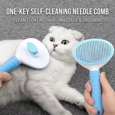 Cepillo de Carda Autolimpiante en Un Clic Herramienta de Aseo ABS Aguja de Acero Inoxidable Peine para Perros Gatos
