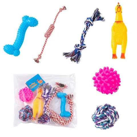 Pet Dog Toy Set Cotton Rope Rubber Squeaky Chicken Bone Teething Molar Chew Toys For Small Medium Dogs Fun Training Accessory