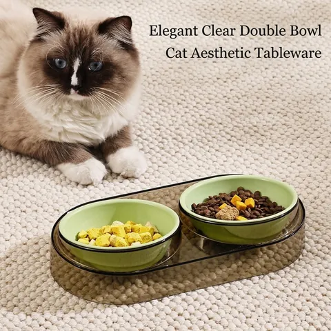 Double Gamelle pour Animaux Style INS Transparente Protection du Cou Couleurs Macaron Ensemble Mangeoire et Abreuvoir pour Chats