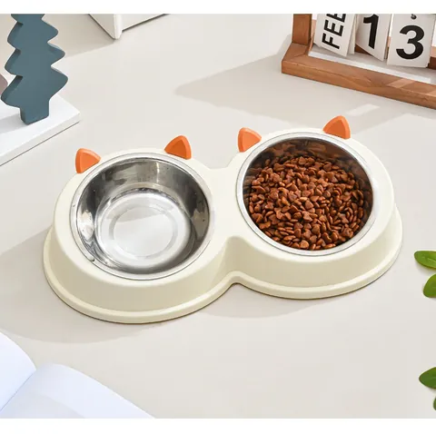 Kattenoor Ontwerp Roestvrij Stalen Dubbele Huisdiernap Anti-Omvallen Schuin Voederstation Voor Katten En Kleine Honden