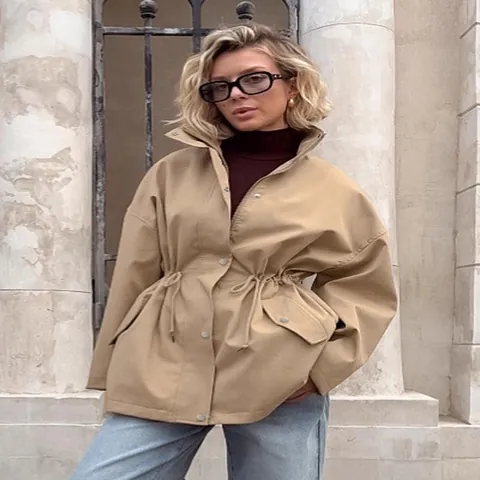 Trench Francese in Cotone Vintage con Coulisse Mezza Lunghezza Collo Alto Kaki Giacca a Vento Cappotto da Donna Top Elegante
