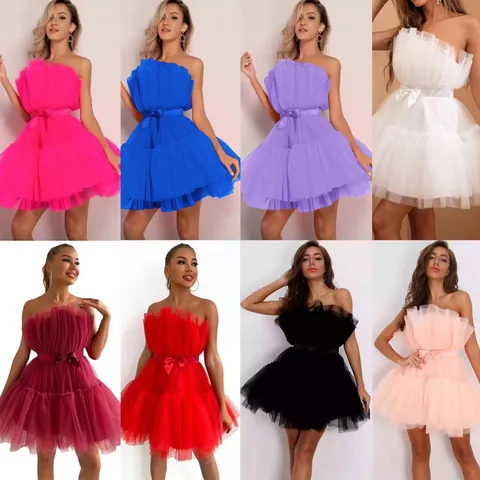 Women Strapless Mesh Puffy Dress Elegant Bow Tiered Tulle Mini Dress For Wedding Banquet Party Evening Dress