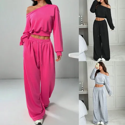 Women's Casual Off-Shoulder Crop Hoodie And Wide Leg Pants Top And Bottom Solid Color Long Sleeve Knit Tracksuit Outfit