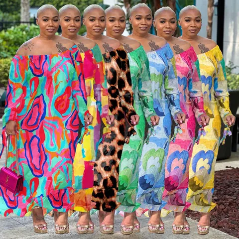 Women Plus Size Sexy Off Shoulder Maxi Dress Floral Leopard Print Long Sleeve Slim Fit Casual Party Vacation Dress