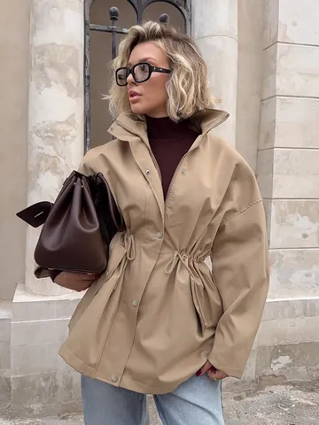Trench Francese in Cotone Vintage con Coulisse Mezza Lunghezza Collo Alto Kaki Giacca a Vento Cappotto da Donna Top Elegante