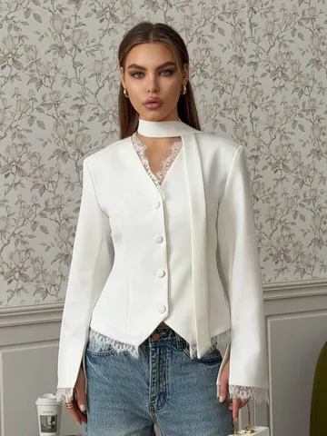 Elegant Kant Patchwork Dames Blazer Slim Fit V-Hals Taille Effen Kleur Lange Mouw Pak Jas Voor Kantoordame Dagelijks Gebruik
