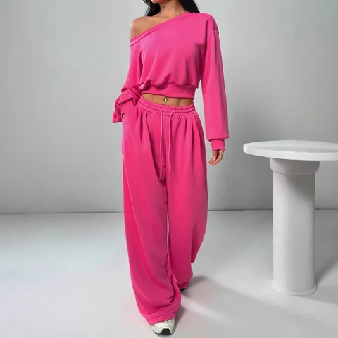 Women's Casual Off-Shoulder Crop Hoodie And Wide Leg Pants Top And Bottom Solid Color Long Sleeve Knit Tracksuit Outfit
