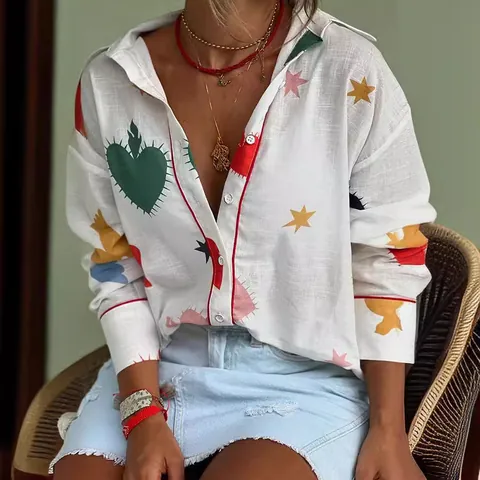 Women Fashion Printed Long Sleeve Shirt Heart Star Print Button Down Casual Blouse Top Contrast Piping Turn-down Collar